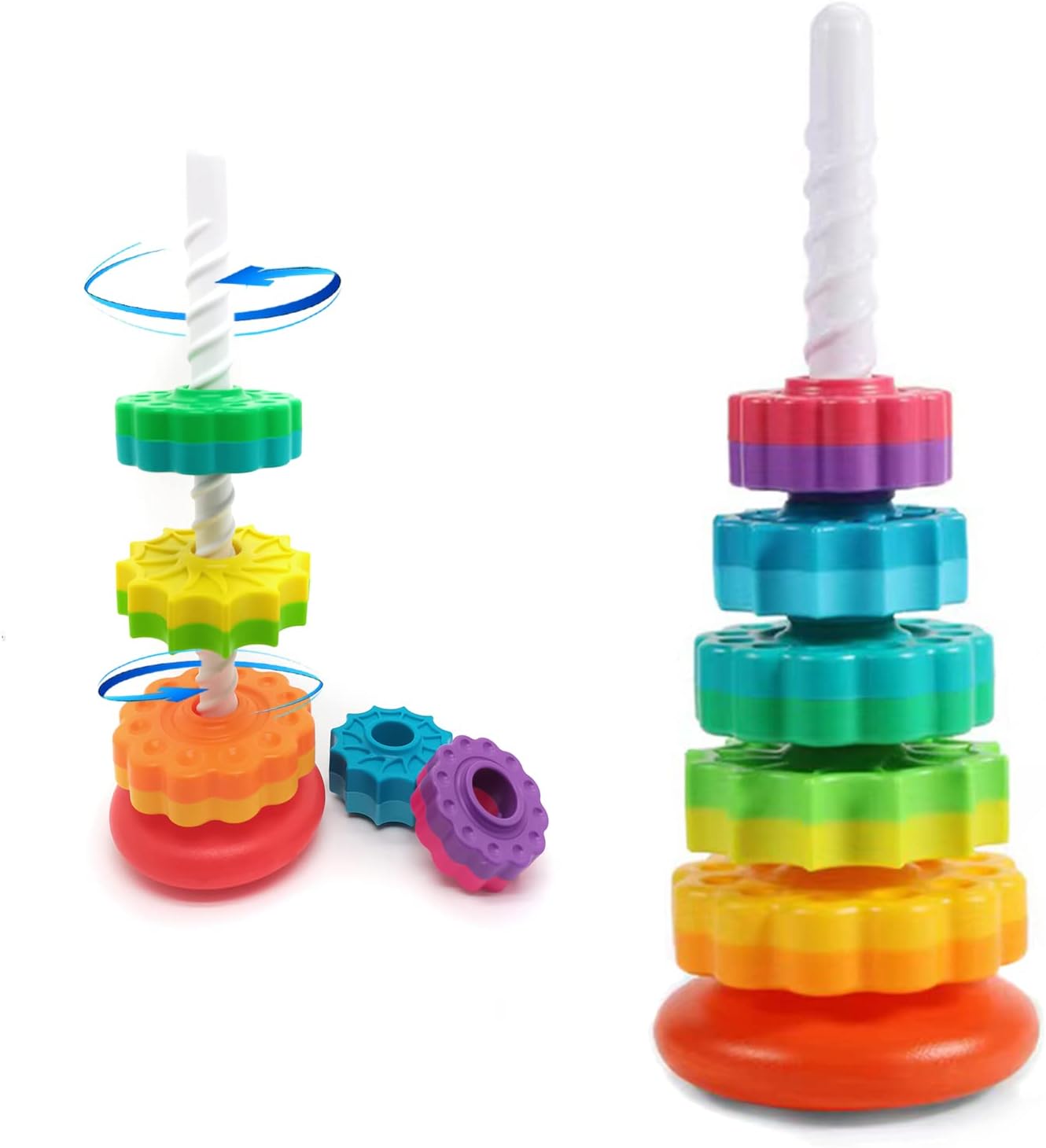 Stacking and Spinning Rainbow Gear Tower: Montessori Educational Toy for Toddlers (1-3 Years) - Enhancing Motor Skills and Sensory Development