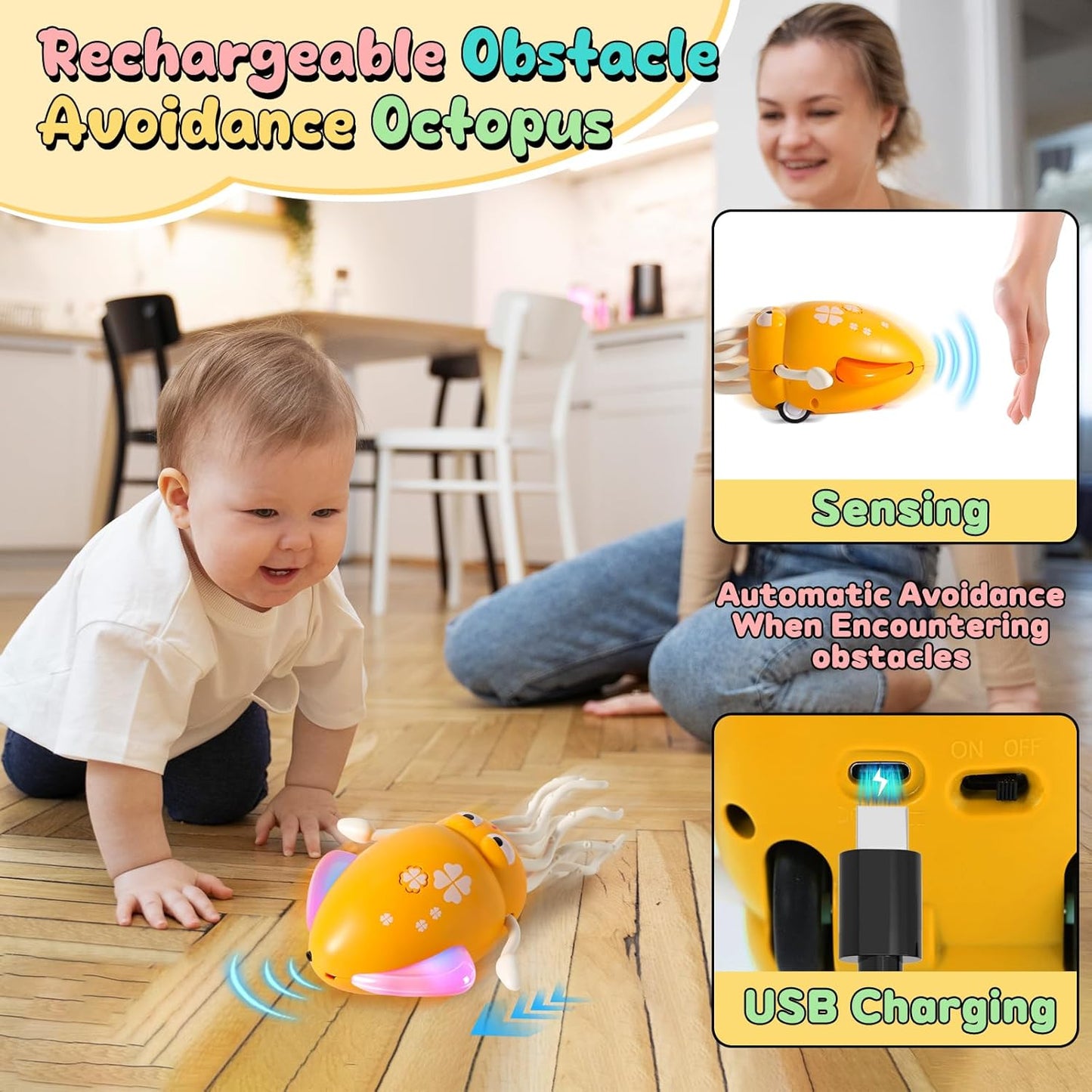 Interactive Dancing Octopus Toy – Obstacle Avoidance, Crawling & Musical Baby Toy, Rechargeable Tummy Time Squid for Kids Ages 3–6