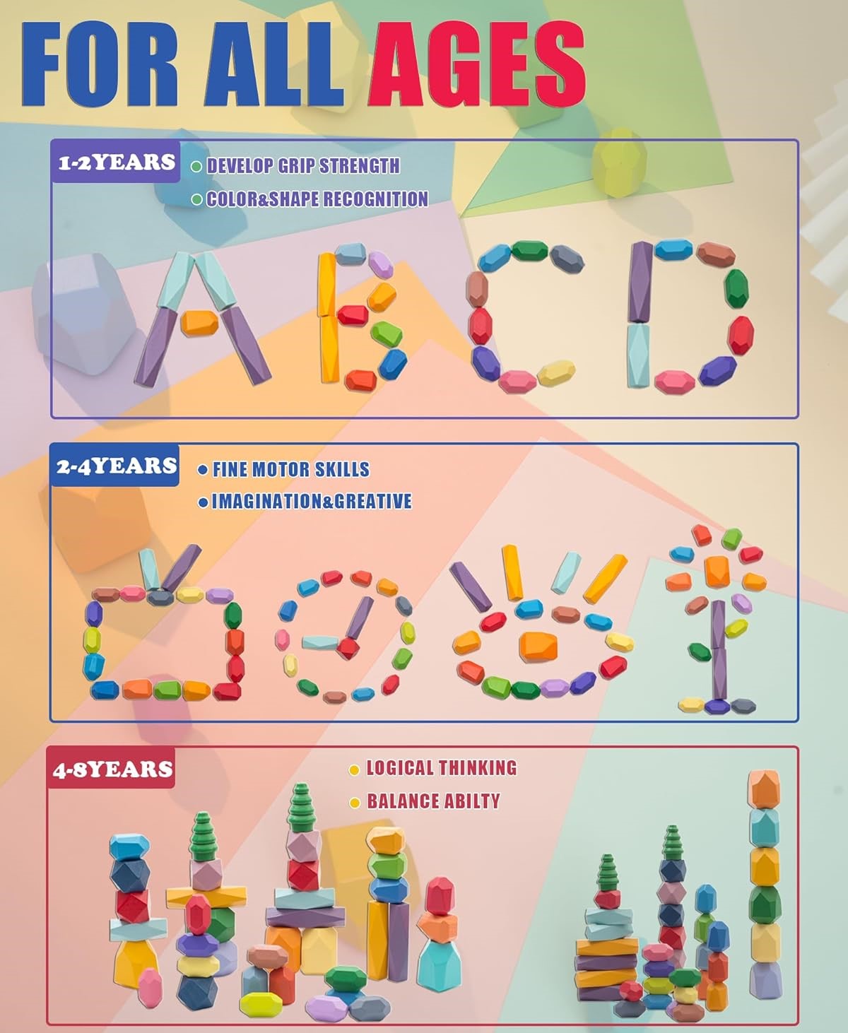 Wooden Balancing Stacking Stones – Colorful Montessori STEM Toy for Kids Ages 3-6 | Educational & Sensory Gift for Boys & Girls