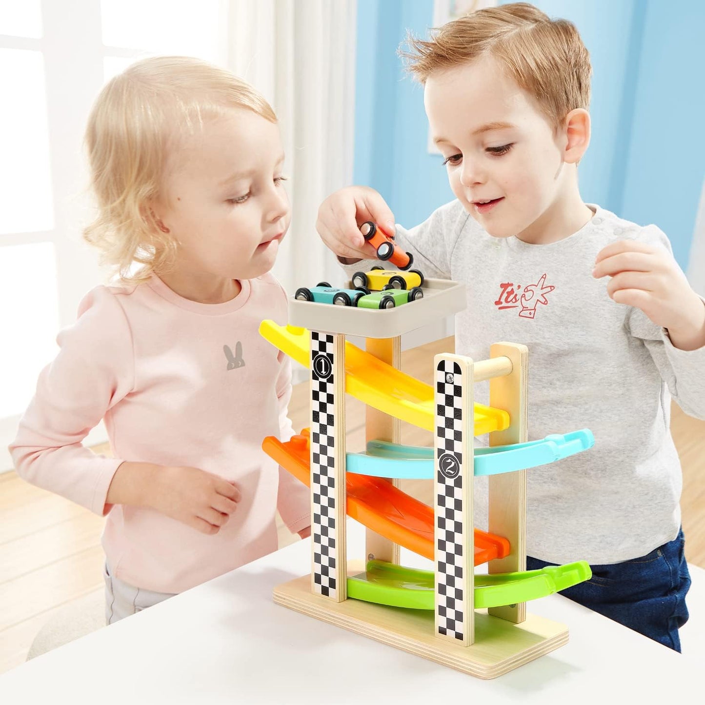 Wooden Race Track Ramp Toy with 4 Mini Cars – Fun Educational Gift for Toddlers Ages 1–2 Boys & Girls