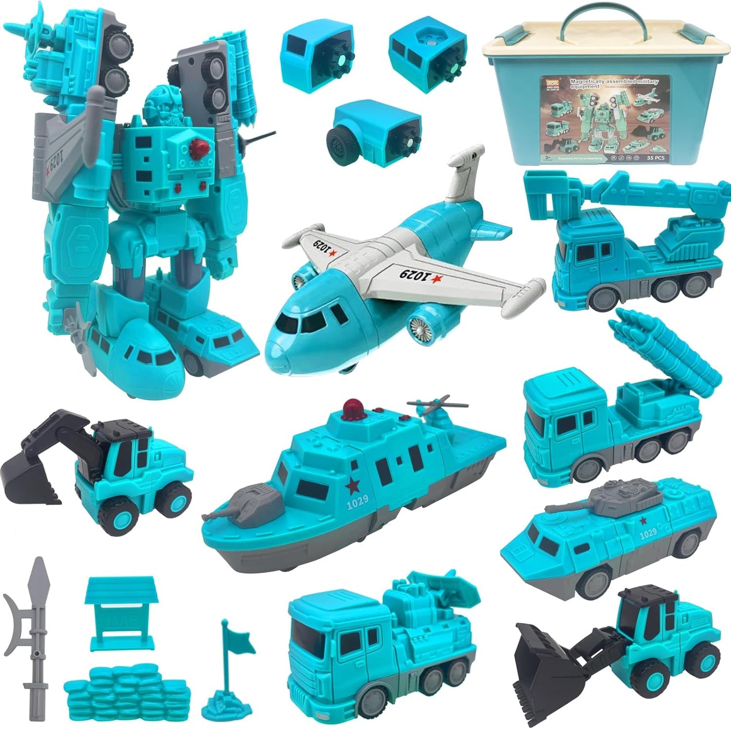 Magnetic Transform Engineering Car Toys with Storage Box – 35 Pcs Transforming Robot & Construction Vehicle Toy Gift for Kids Ages 3-8, Fun Outdoor Toddler Activity Set