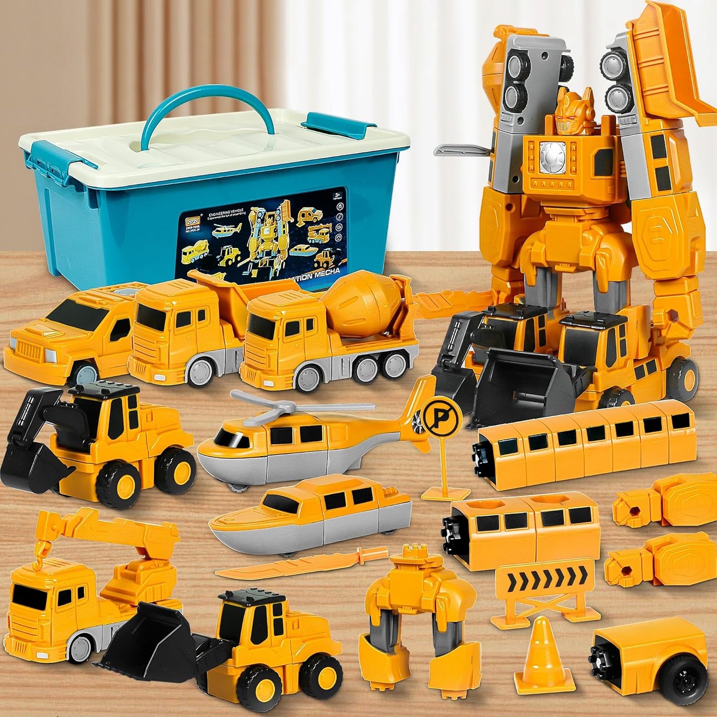 Magnetic Transform Engineering Car Toys with Storage Box – 35 Pcs Transforming Robot & Construction Vehicle Toy Gift for Kids Ages 3-8, Fun Outdoor Toddler Activity Set