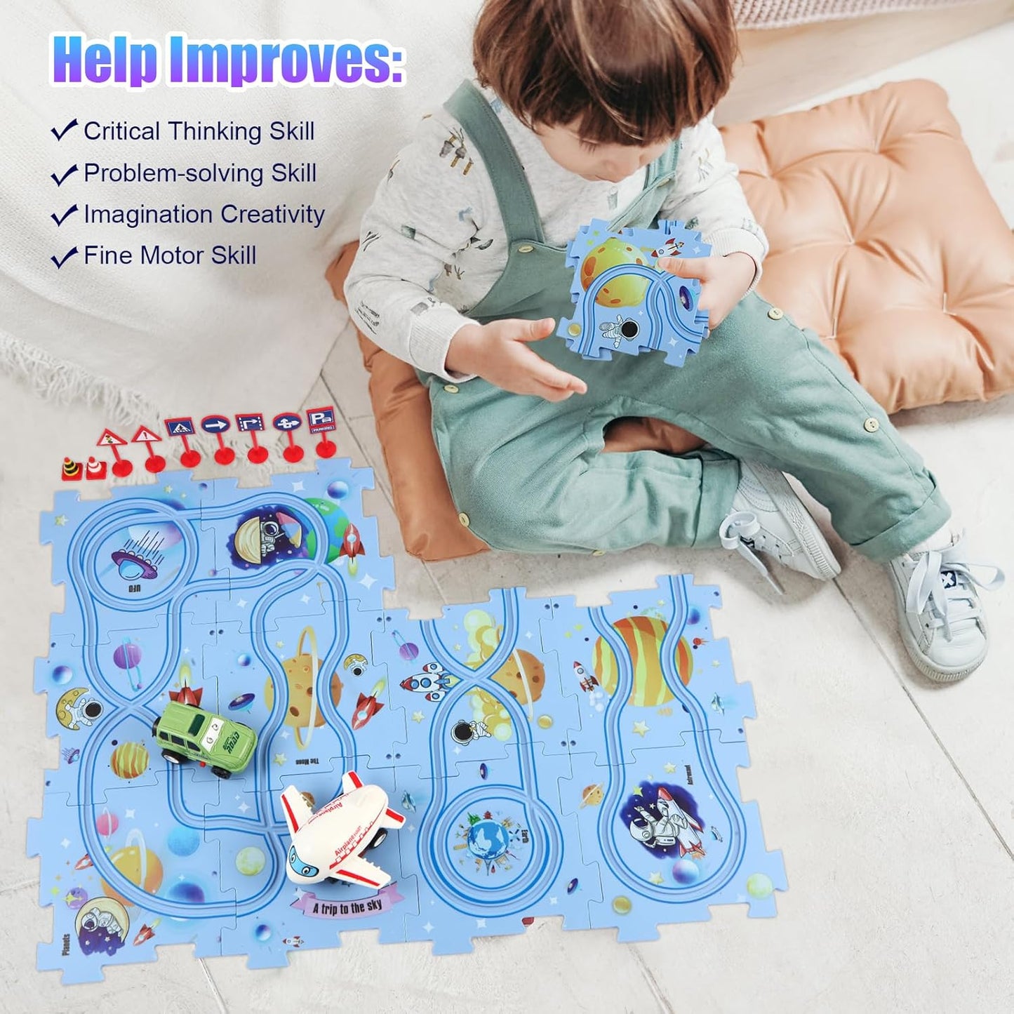 Puzzle Racer: Multifunctional Car Track Set for Kids – Educational, Fun, and Exciting Railroad Adventure with Mini Signpost Challenge (One Piece)