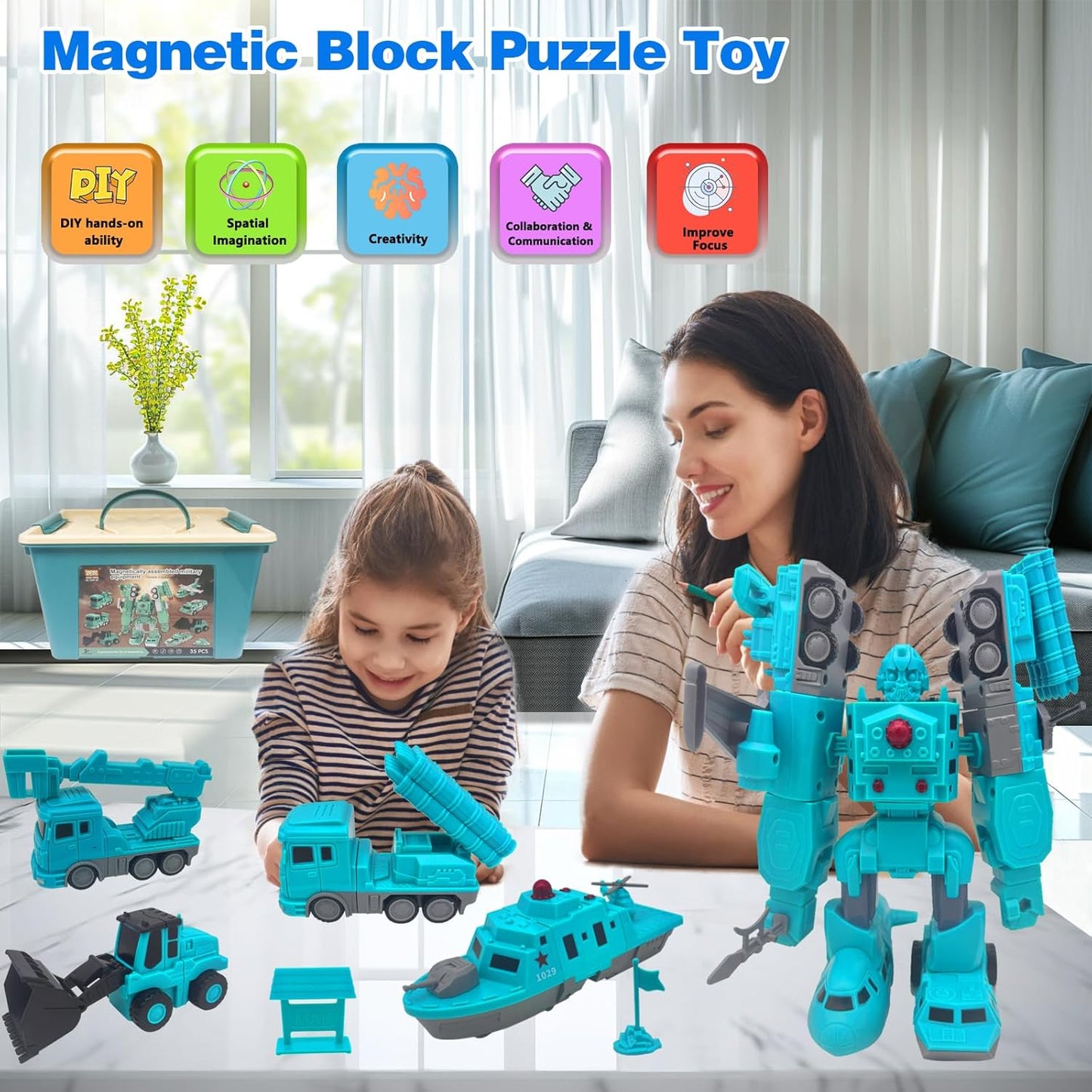 Magnetic Transform Engineering Car Toys with Storage Box – 35 Pcs Transforming Robot & Construction Vehicle Toy Gift for Kids Ages 3-8, Fun Outdoor Toddler Activity Set