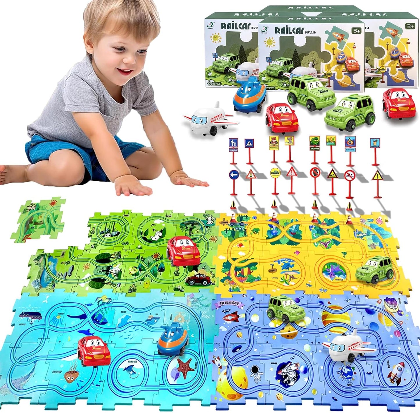 Puzzle Racer: Multifunctional Car Track Set for Kids – Educational, Fun, and Exciting Railroad Adventure with Mini Signpost Challenge (One Piece)