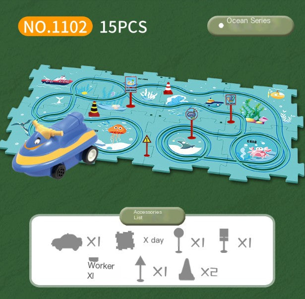 Puzzle Racer: Multifunctional Car Track Set for Kids – Educational, Fun, and Exciting Railroad Adventure with Mini Signpost Challenge (One Piece)