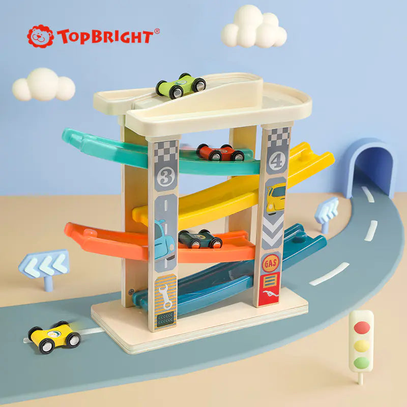 Wooden Race Track Ramp Toy with 4 Mini Cars – Fun Educational Gift for Toddlers Ages 1–2 Boys & Girls