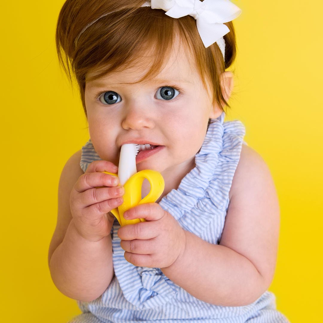 Banana-Shaped Baby Silicone Training Toothbrush and Teething Toy Set for Oral Hygiene For Infants, Toddlers, and Babies