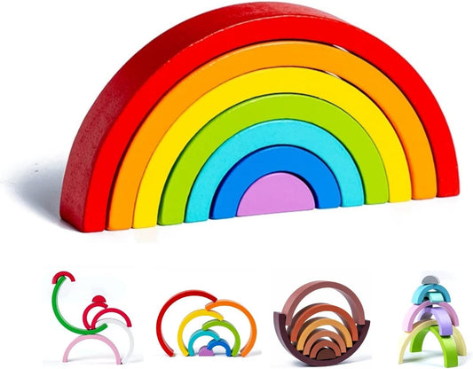 Montessori Arch Bridge Rainbow: Wooden Stacking Toy for Early Education & Creative Learning - Colorful Blocks Set for Baby's Cognitive Development, Shape Matching, and Nesting Puzzle Fun!