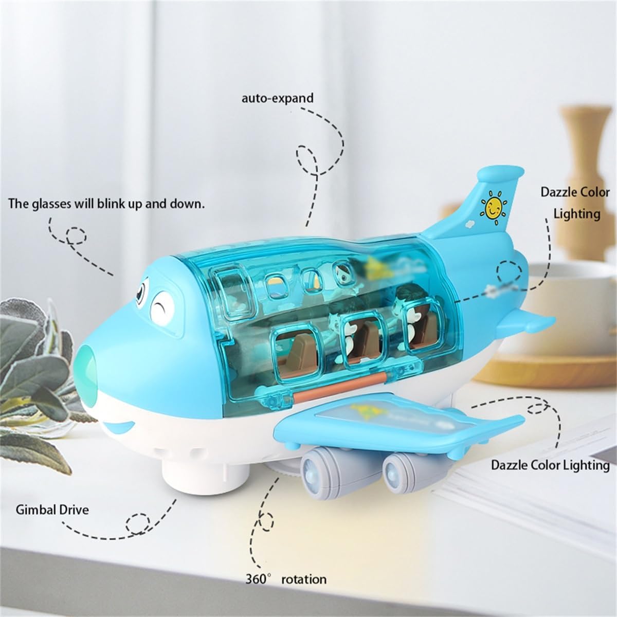 360° Rotating Electric Airplane Toy for Kids with Bump-and-Go Action, LED Flashing Lights, and Sound - Perfect Gift for Boys Aged 3+