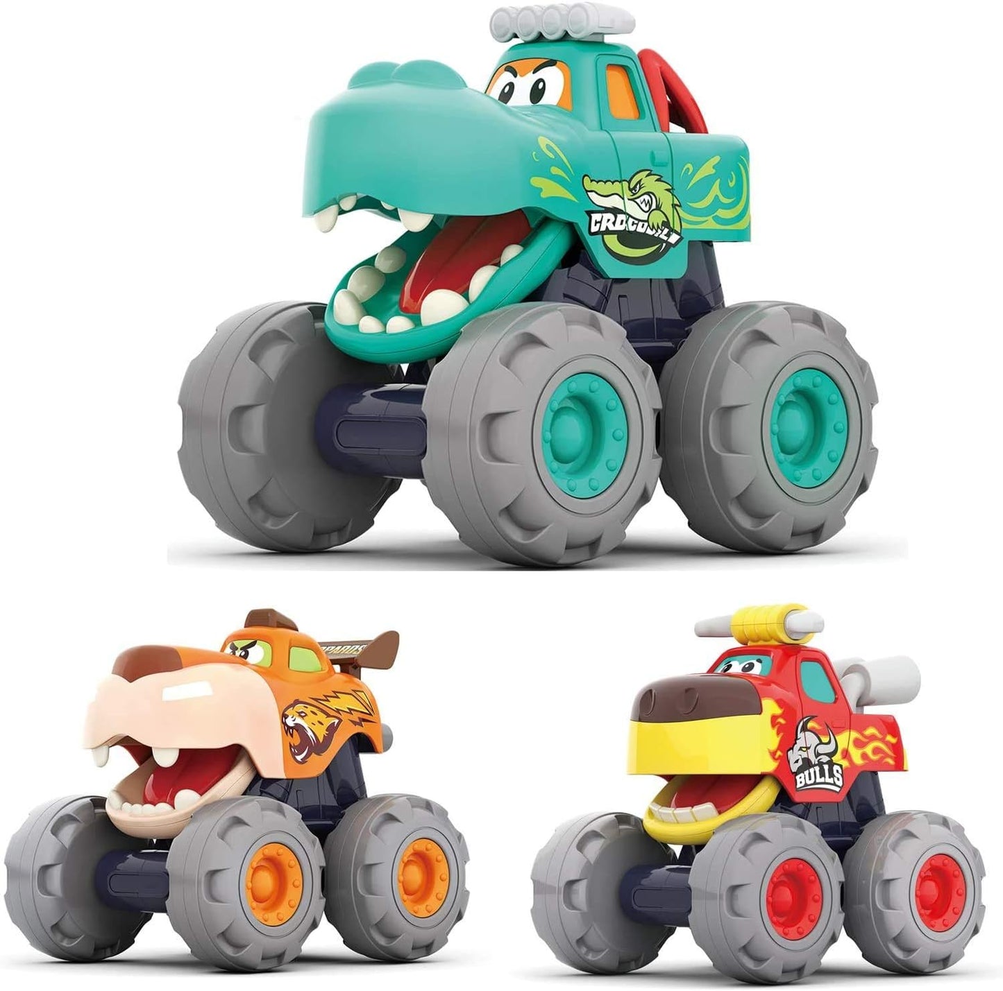 Bundle of 3 Friction-Powered Pull-Back Toddler Trucks for Ages 1-3: Push & Play Monster Truck Fun