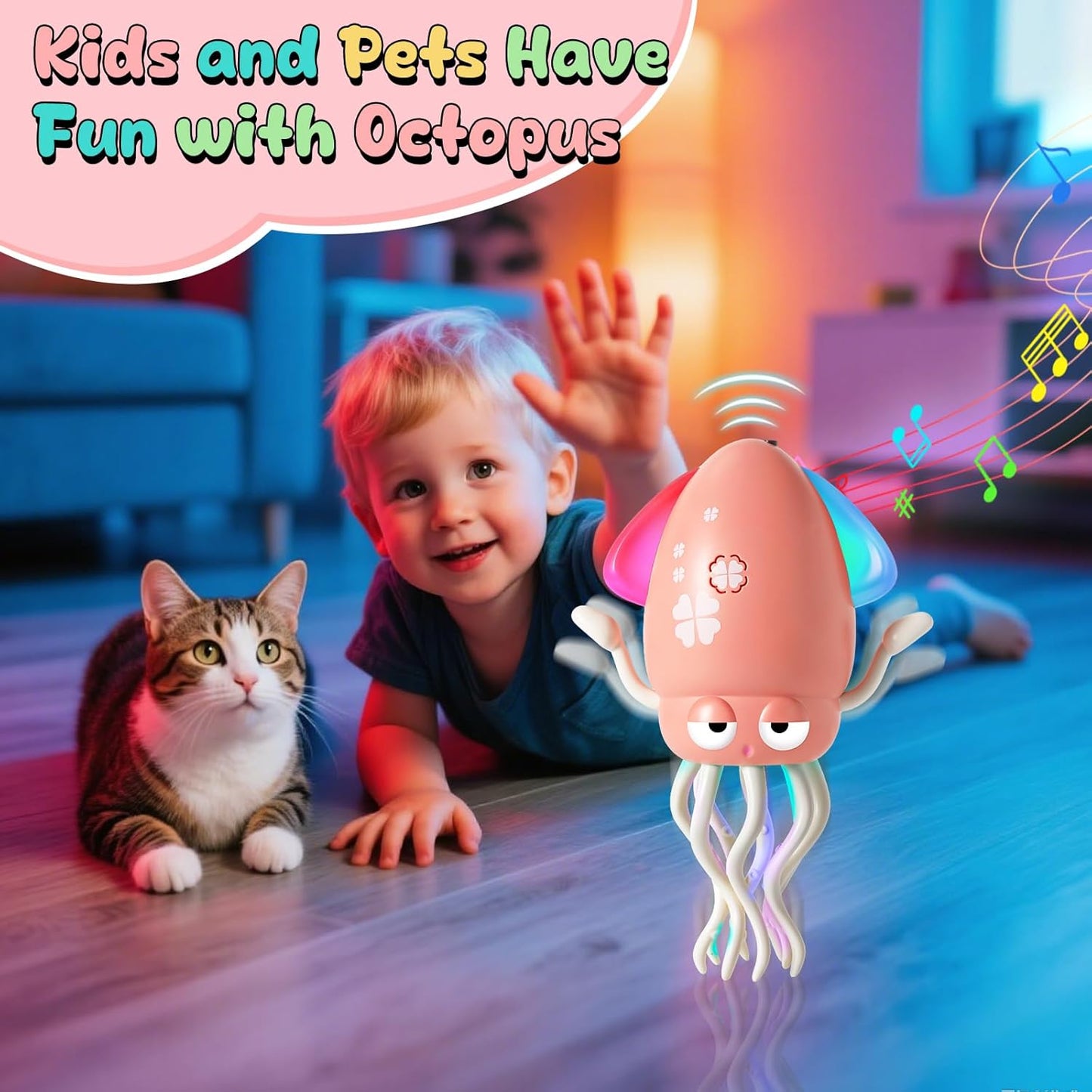 Interactive Dancing Octopus Toy – Obstacle Avoidance, Crawling & Musical Baby Toy, Rechargeable Tummy Time Squid for Kids Ages 3–6
