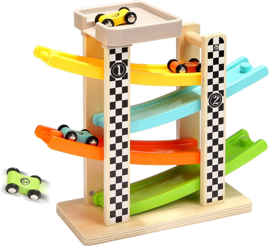 Wooden Race Track Ramp Toy with 4 Mini Cars – Fun Educational Gift for Toddlers Ages 1–2 Boys & Girls