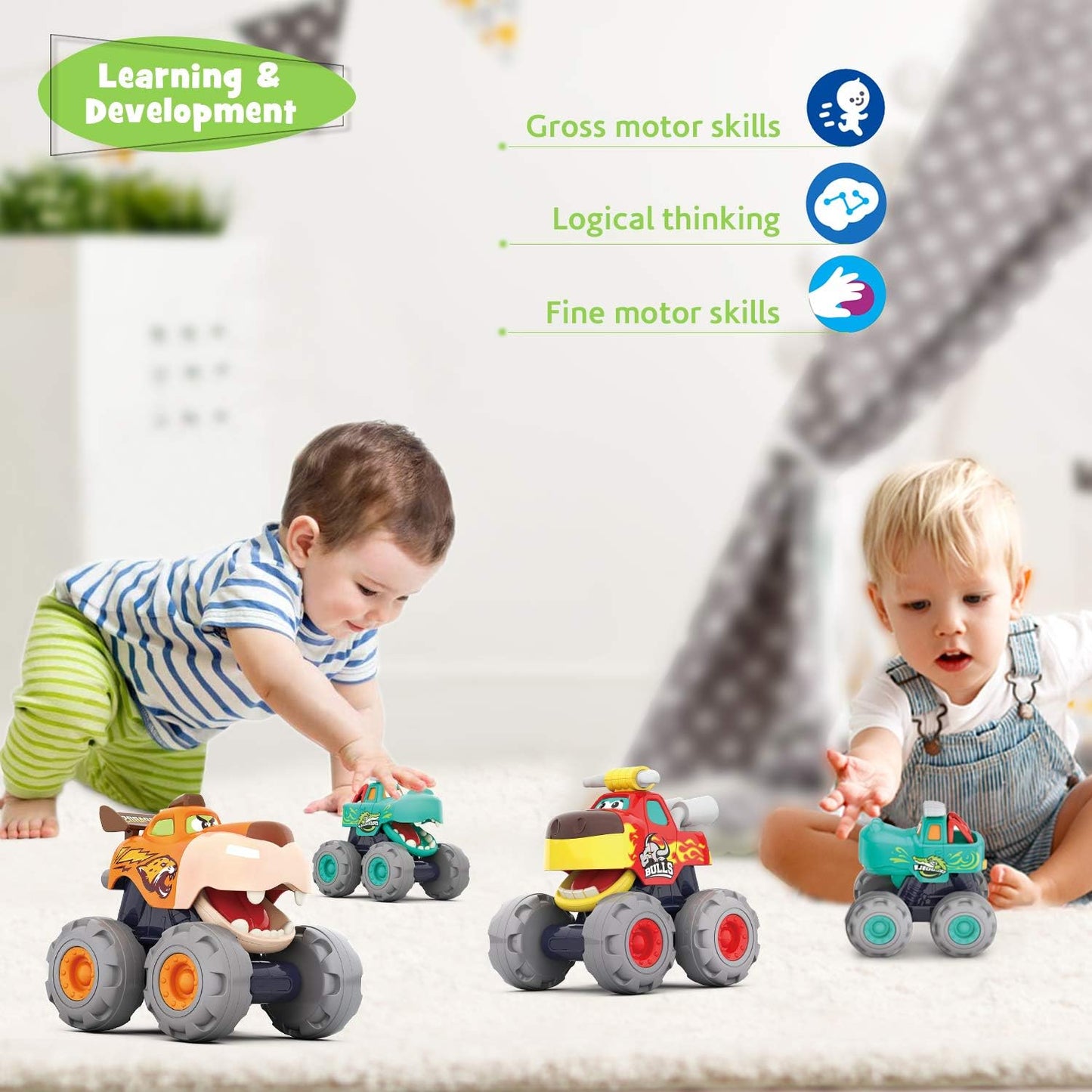 Bundle of 3 Friction-Powered Pull-Back Toddler Trucks for Ages 1-3: Push & Play Monster Truck Fun