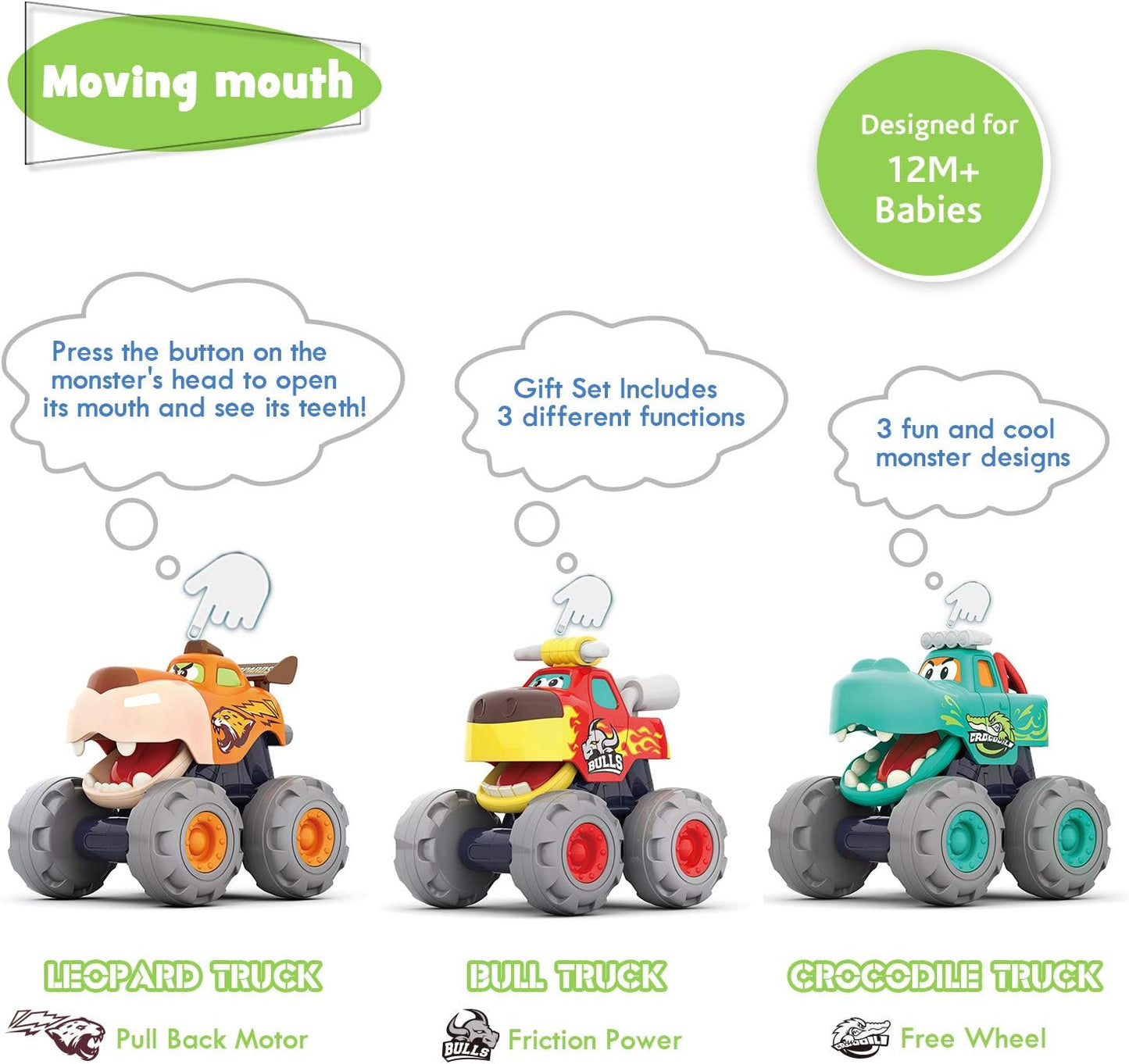 Bundle of 3 Friction-Powered Pull-Back Toddler Trucks for Ages 1-3: Push & Play Monster Truck Fun