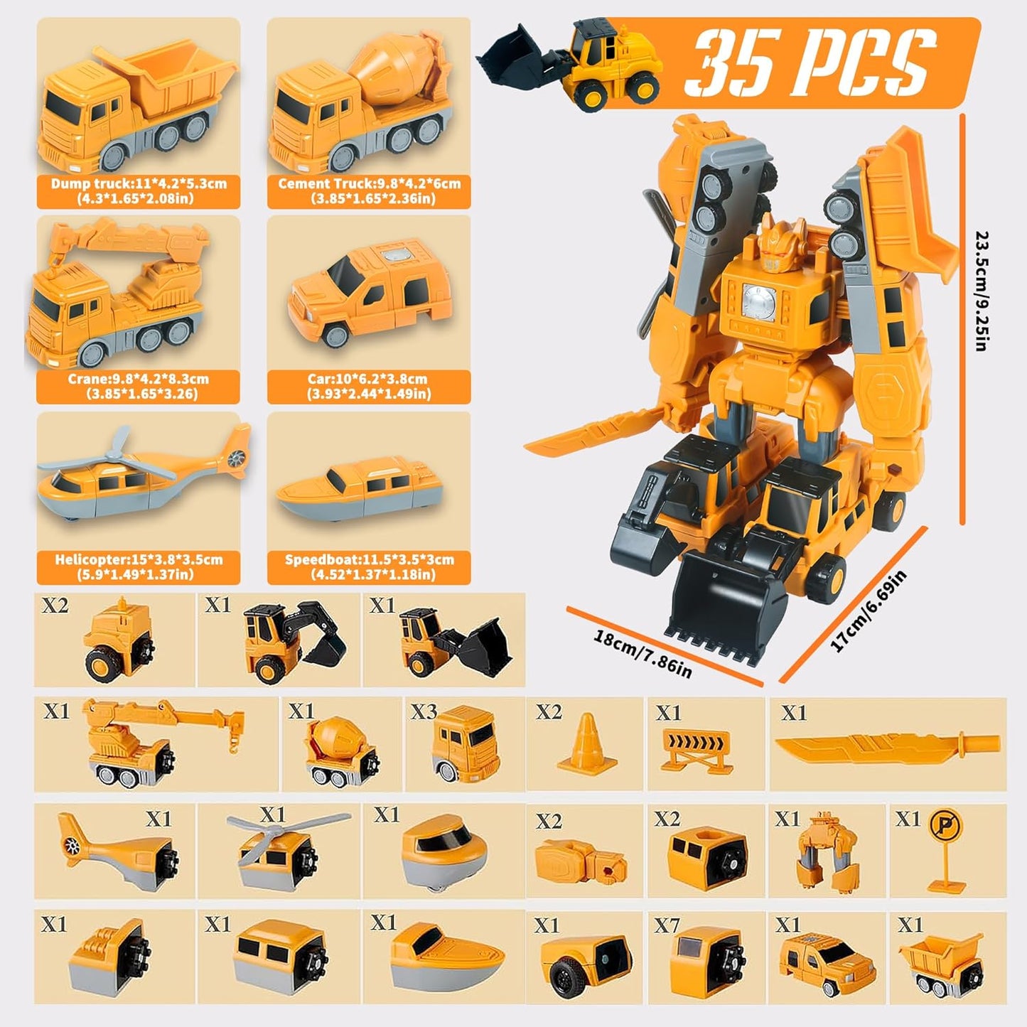 Magnetic Transform Engineering Car Toys with Storage Box – 35 Pcs Transforming Robot & Construction Vehicle Toy Gift for Kids Ages 3-8, Fun Outdoor Toddler Activity Set