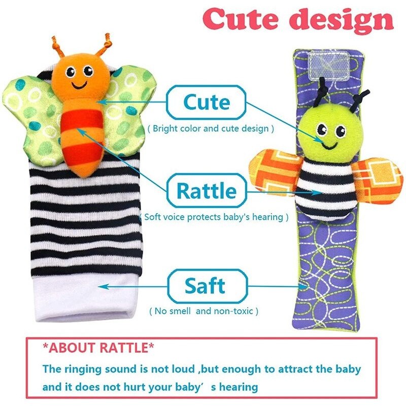 Soft Plush Wrist Rattles and Socks for 0-24 Months - A Set of 4 Cartoon Newborn Developmental Educational Toys