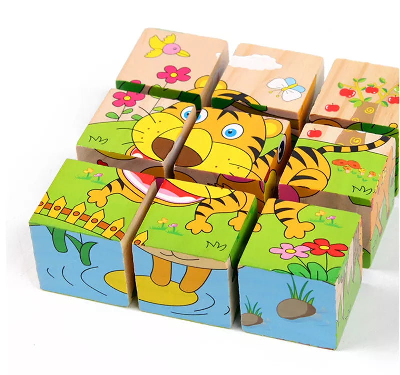 6-in-1 Baby Wooden Cube Blocks: Multi-Sided Jigsaw Puzzles Featuring Animals, Fruits, and Traffic Themes for Early Learning and Montessori Education