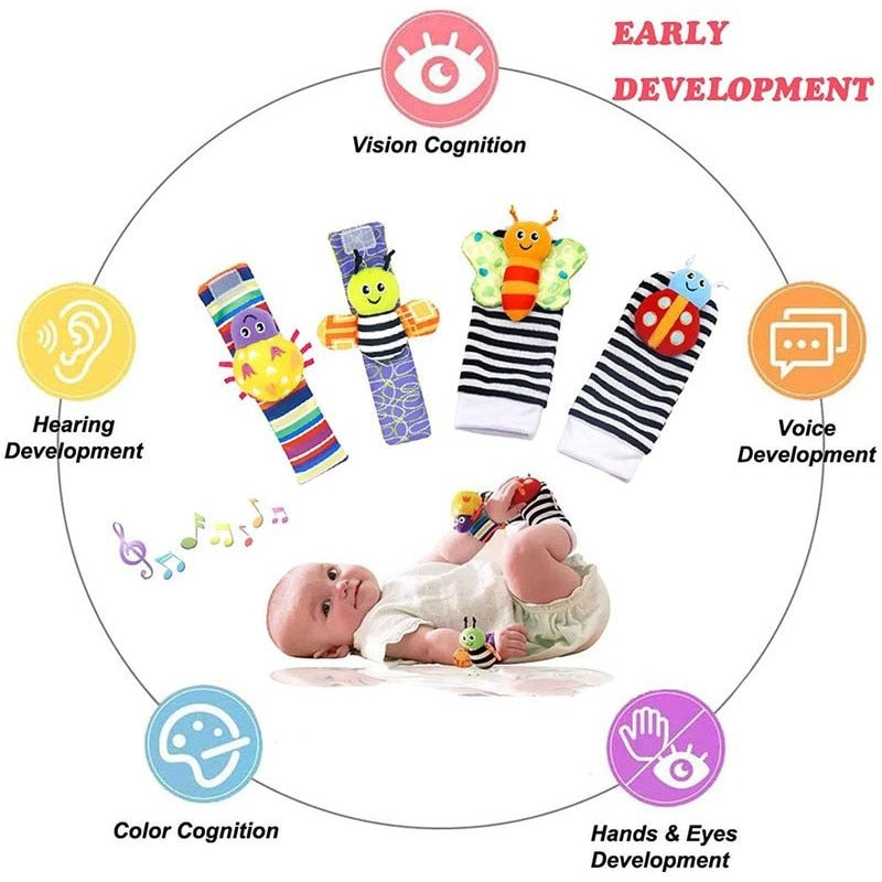 Soft Plush Wrist Rattles and Socks for 0-24 Months - A Set of 4 Cartoon Newborn Developmental Educational Toys