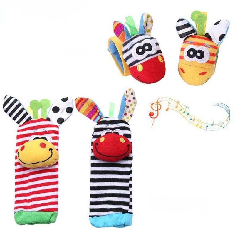 Soft Plush Wrist Rattles and Socks for 0-24 Months - A Set of 4 Cartoon Newborn Developmental Educational Toys