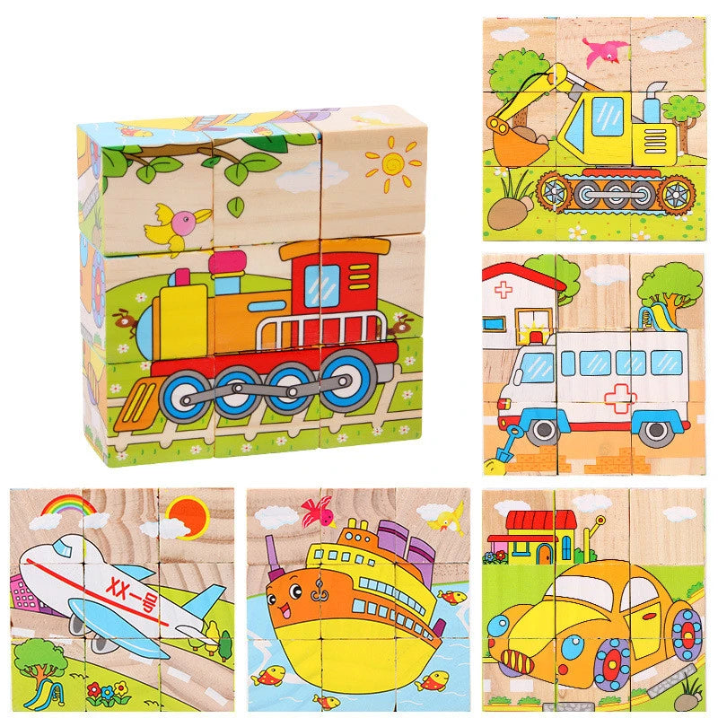 6-in-1 Baby Wooden Cube Blocks: Multi-Sided Jigsaw Puzzles Featuring Animals, Fruits, and Traffic Themes for Early Learning and Montessori Education