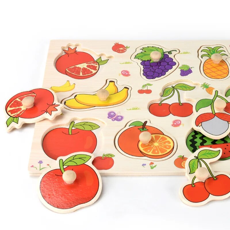 Montessori Wooden Puzzles: Educational Handheld Boards for Babies with Cartoon Vehicles, Animals, Fruits and Many Others in 3D