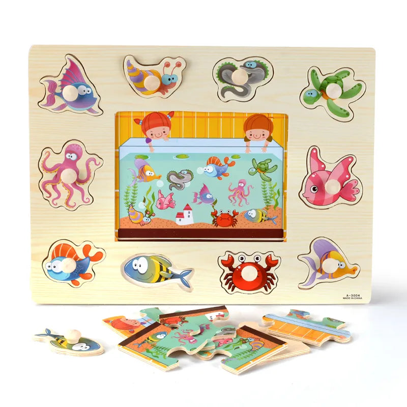 Montessori Wooden Puzzles: Educational Handheld Boards for Babies with Cartoon Vehicles, Animals, Fruits and Many Others in 3D