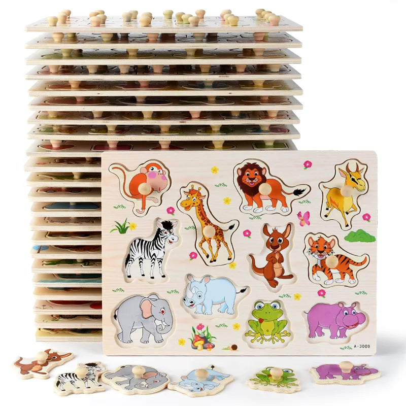 Montessori Wooden Puzzles: Educational Handheld Boards for Babies with Cartoon Vehicles, Animals, Fruits and Many Others in 3D