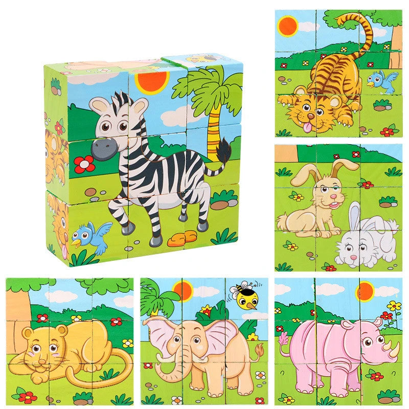 6-in-1 Baby Wooden Cube Blocks: Multi-Sided Jigsaw Puzzles Featuring Animals, Fruits, and Traffic Themes for Early Learning and Montessori Education