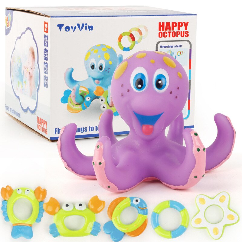 Interactive Baby Bath Toy: Floating Purple Octopus with 5 Hoopla Rings