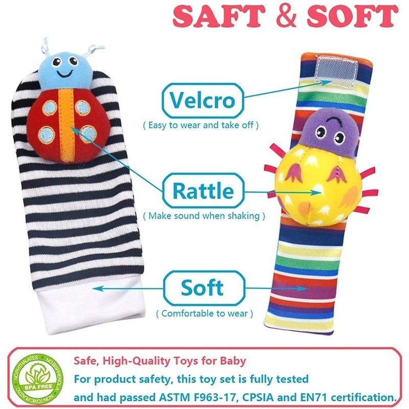 Soft Plush Wrist Rattles and Socks for 0-24 Months - A Set of 4 Cartoon Newborn Developmental Educational Toys