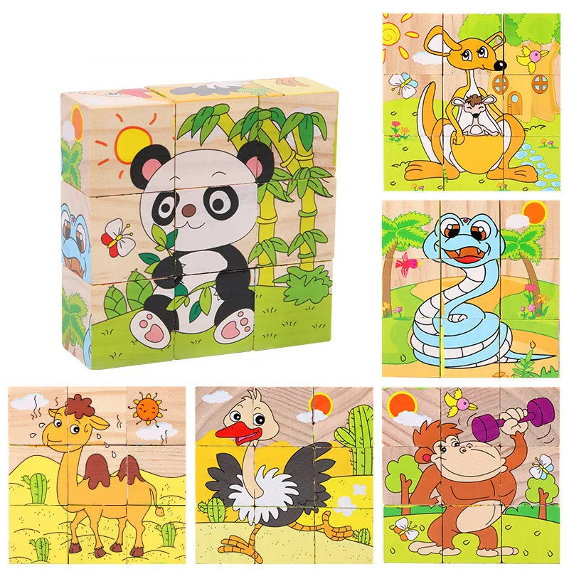 6-in-1 Baby Wooden Cube Blocks: Multi-Sided Jigsaw Puzzles Featuring Animals, Fruits, and Traffic Themes for Early Learning and Montessori Education