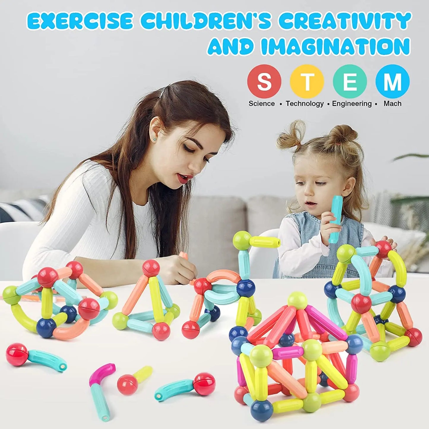 Montessori Magnetic Building Sticks: STEM Educational Toy Set for Toddlers, Kids - Construction, Learning, Stacking Fun!