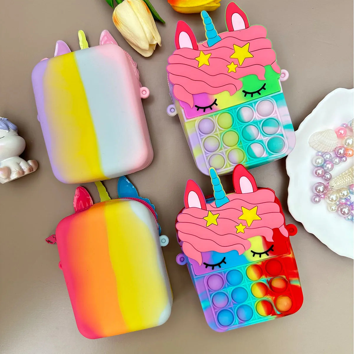 Silicone Rainbow Unicorn Coin Purse: Adorable Pop Fidget Toy Bag for Girls, Fashionable Bubble Push Purse