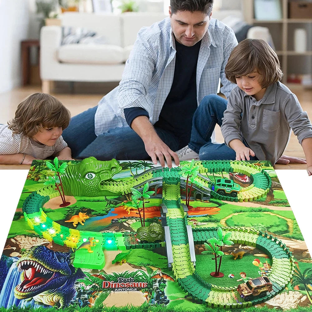 Interactive Dinosaur Railway Toy Car Set: Flexible Bendable Racing Track with Flashlight Cars - Educational Racing Toys for Kids