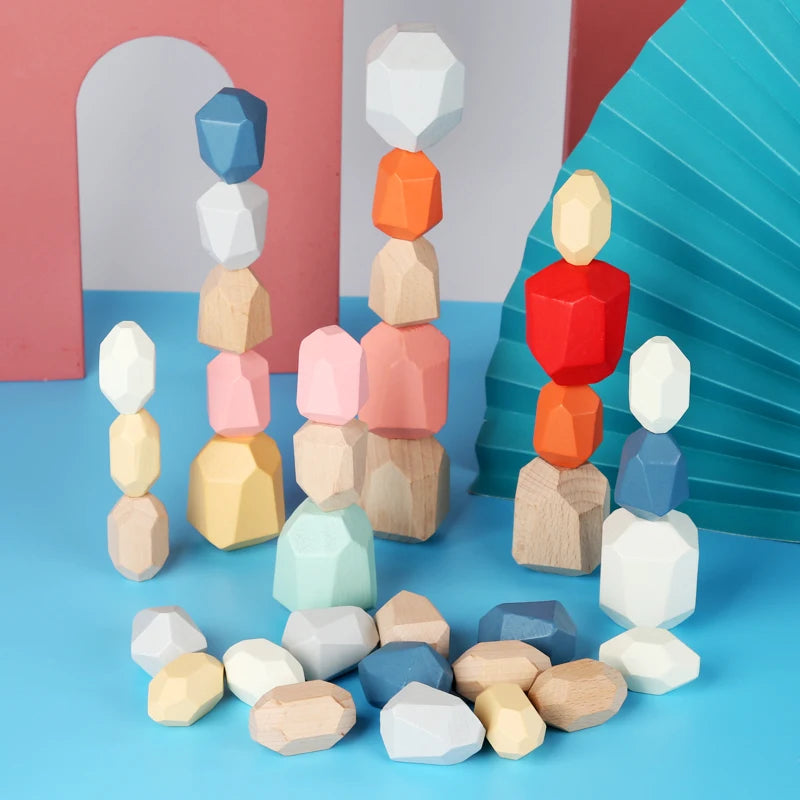 Wooden Sorting and Stacking Rock Sensory Toys: Montessori Learning Game for Toddler Development