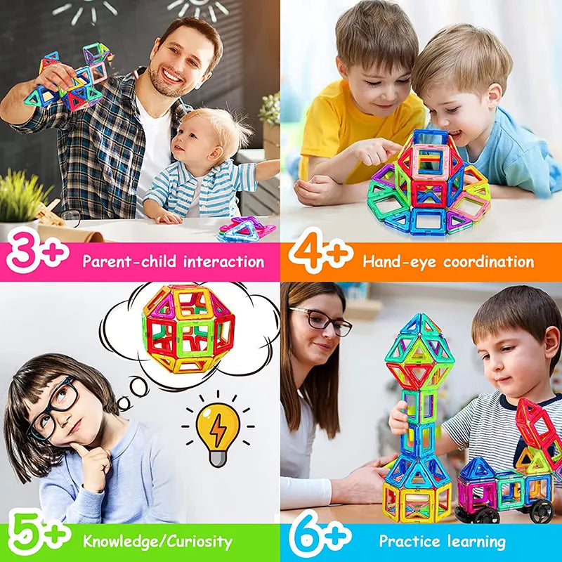 Magnetic Building Blocks Designer Set - Big and Mini Sizes, 3D Rainbow Colors for Fun and Educational Play