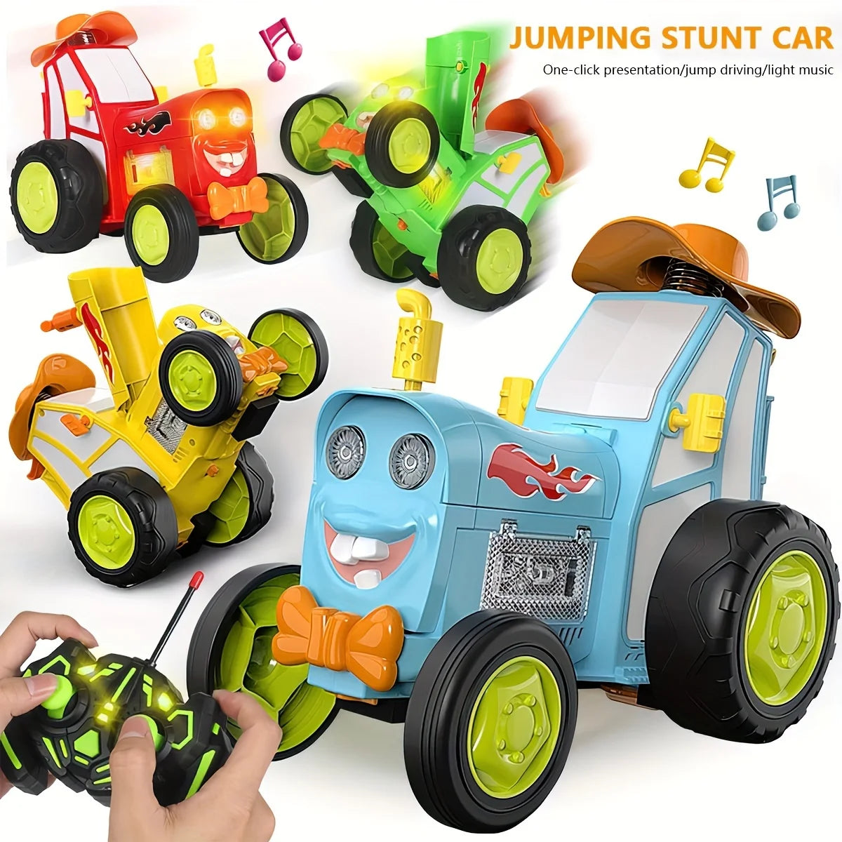 Crazy Jumping Remote Control Car: Wireless Stunt Performer Tractor with LED Lights, Music, and Tumbling Action (Rechargeable)