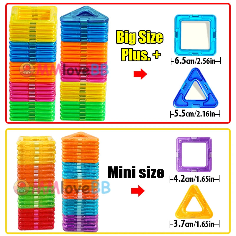 Magnetic Building Blocks Designer Set - Big and Mini Sizes, 3D Rainbow Colors for Fun and Educational Play