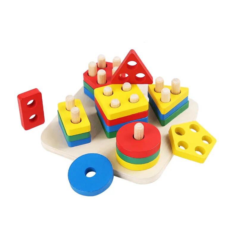 Montessori Wooden Geometric Shapes: Five Sets of Wisdom Columns - Early Education Cognitive Building Blocks Toy