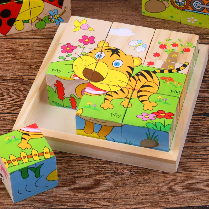 6-in-1 Baby Wooden Cube Blocks: Multi-Sided Jigsaw Puzzles Featuring Animals, Fruits, and Traffic Themes for Early Learning and Montessori Education