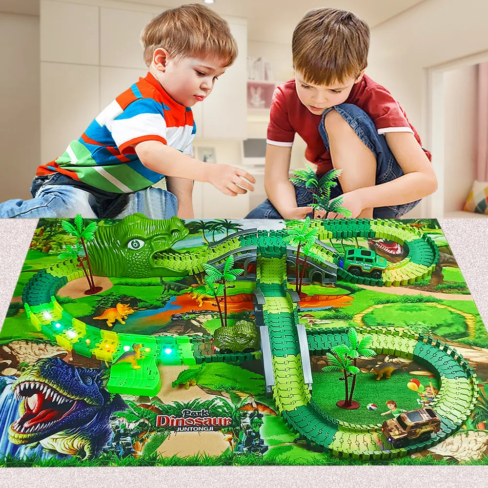 Interactive Dinosaur Railway Toy Car Set: Flexible Bendable Racing Track with Flashlight Cars - Educational Racing Toys for Kids