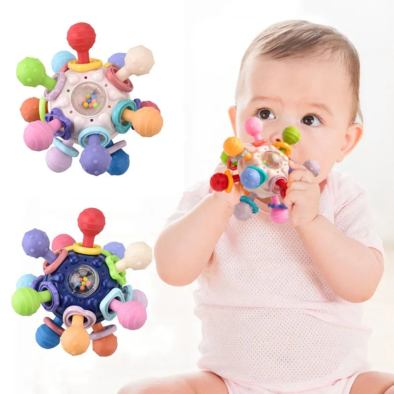 Rotating Rattle Ball: A Multi-Purpose Baby Development Toy with Silicone Teether for Baby Sensory Stimulation and Grasping Activities