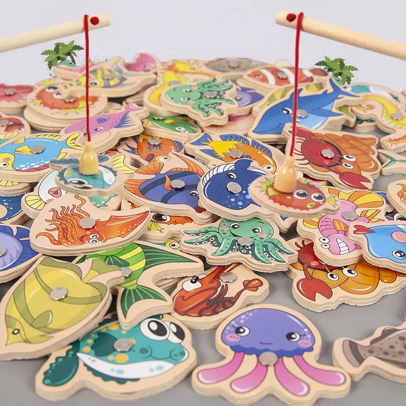 Montessori Magnetic Wooden Fishing Toys: Interactive Marine Life Cognition Game for Children