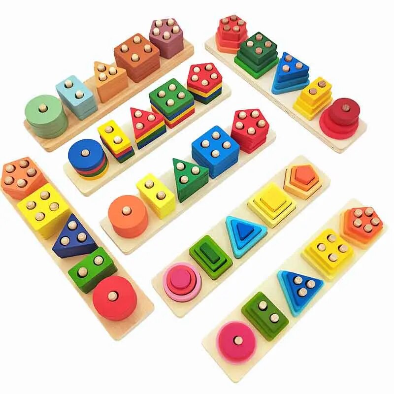 Montessori Wooden Geometric Shapes: Five Sets of Wisdom Columns - Early Education Cognitive Building Blocks Toy