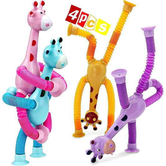 4-Piece Telescopic Suction Cup Giraffe Toy Set: Shape-Changing Tubes - A Playful and Entertaining Gift for Kids, Ideal for Sensory Exploration and Anxiety Relief