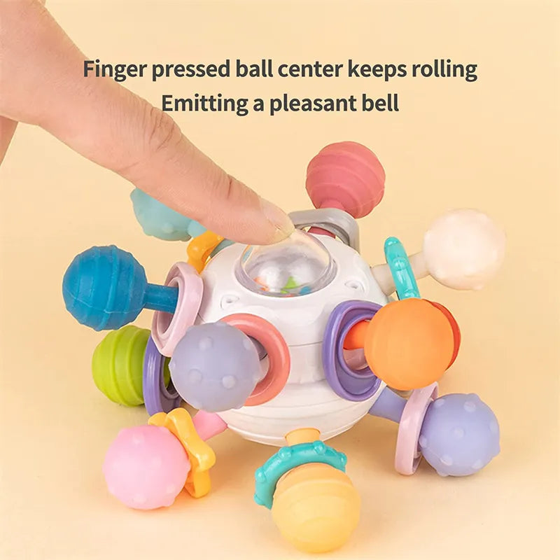 Rotating Rattle Ball: A Multi-Purpose Baby Development Toy with Silicone Teether for Baby Sensory Stimulation and Grasping Activities