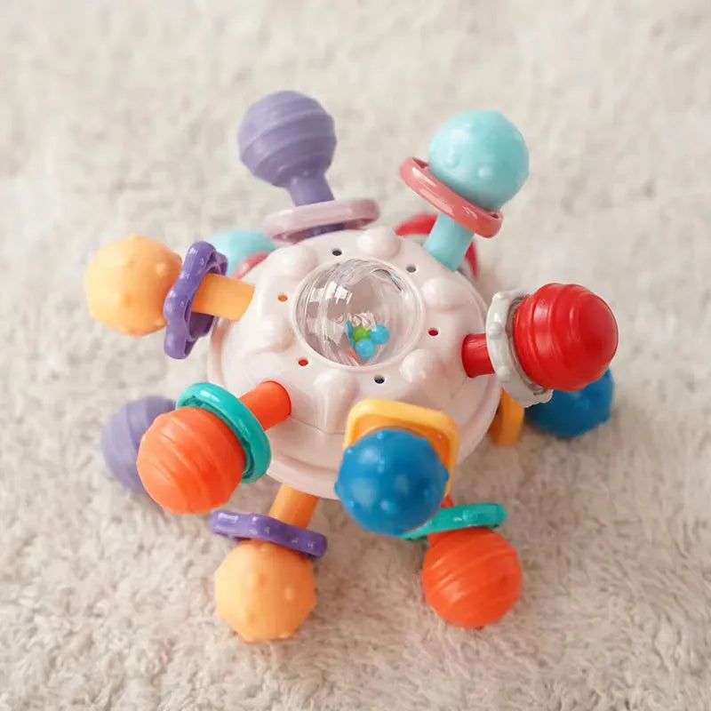 Rotating Rattle Ball: A Multi-Purpose Baby Development Toy with Silicone Teether for Baby Sensory Stimulation and Grasping Activities