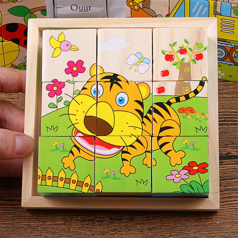 6-in-1 Baby Wooden Cube Blocks: Multi-Sided Jigsaw Puzzles Featuring Animals, Fruits, and Traffic Themes for Early Learning and Montessori Education