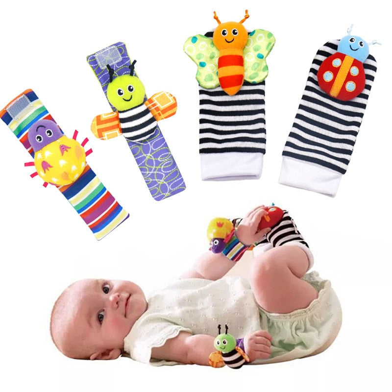 Soft Plush Wrist Rattles and Socks for 0-24 Months - A Set of 4 Cartoon Newborn Developmental Educational Toys